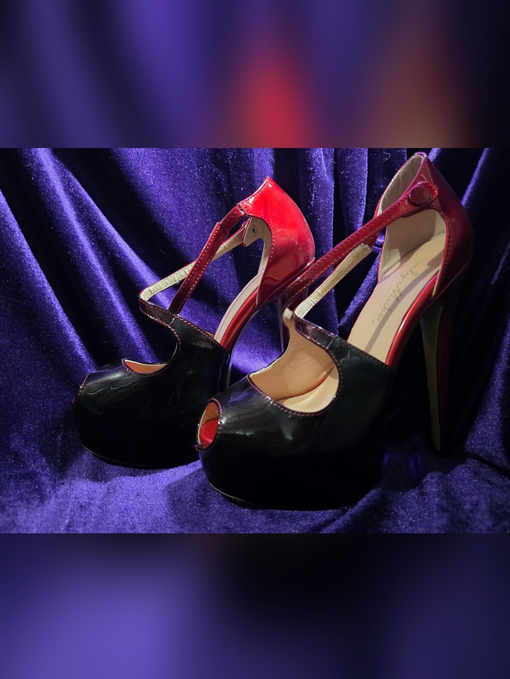 Red and Black Patent Peep-Toe Platform Heels with T-Strap